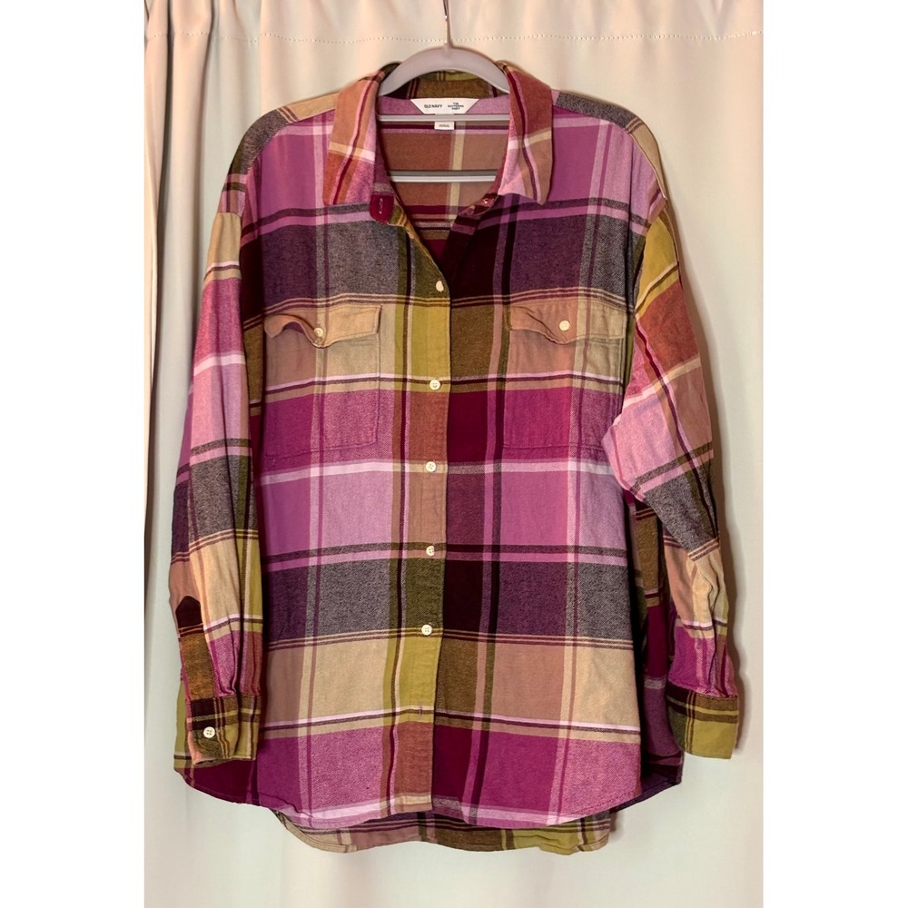 Old Navy The Boyfriend Shirt XL Purple Pink Plaid Cotton Button Down Flannel
